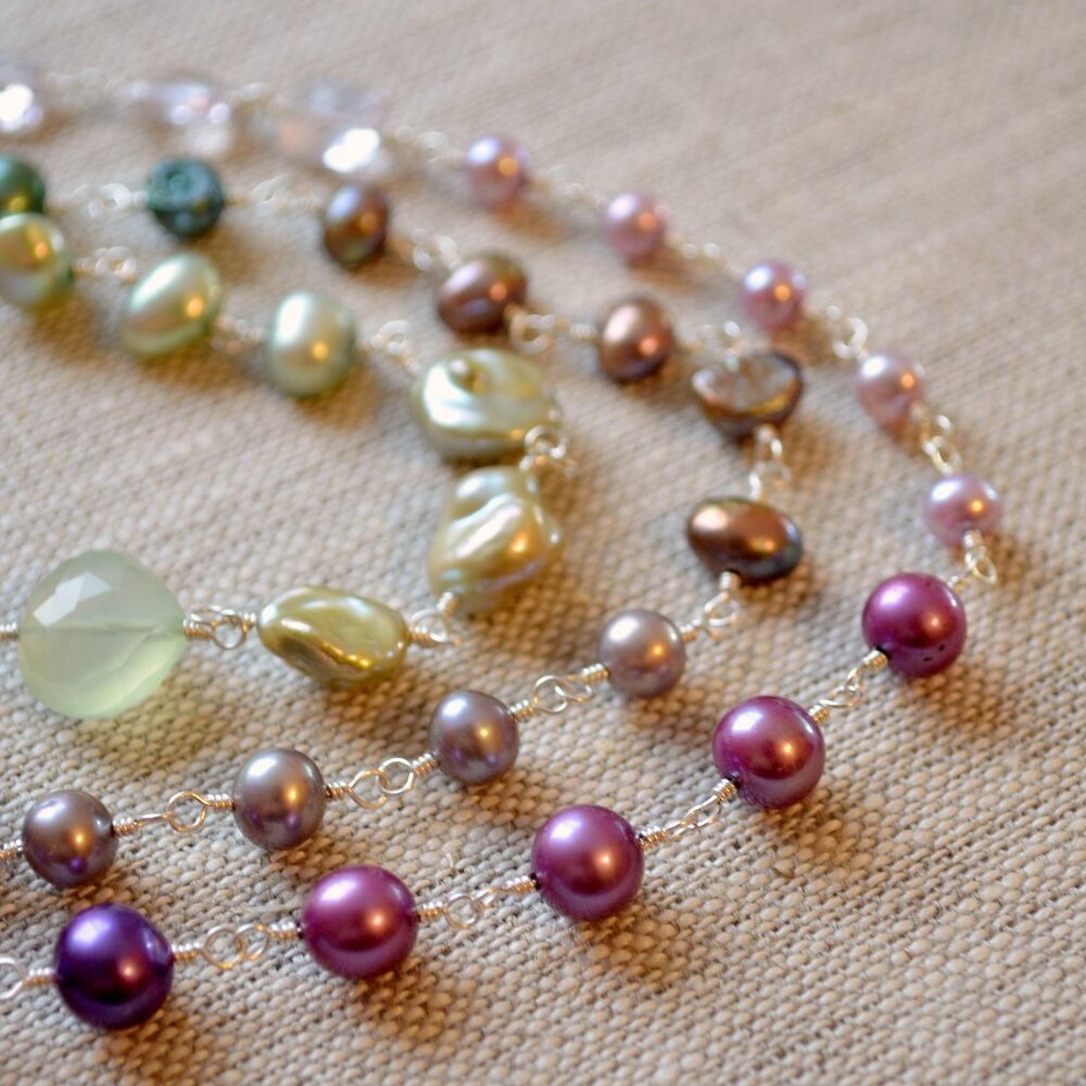 Long Purple and Green Wire Wrapped Necklace in Sterling Silver